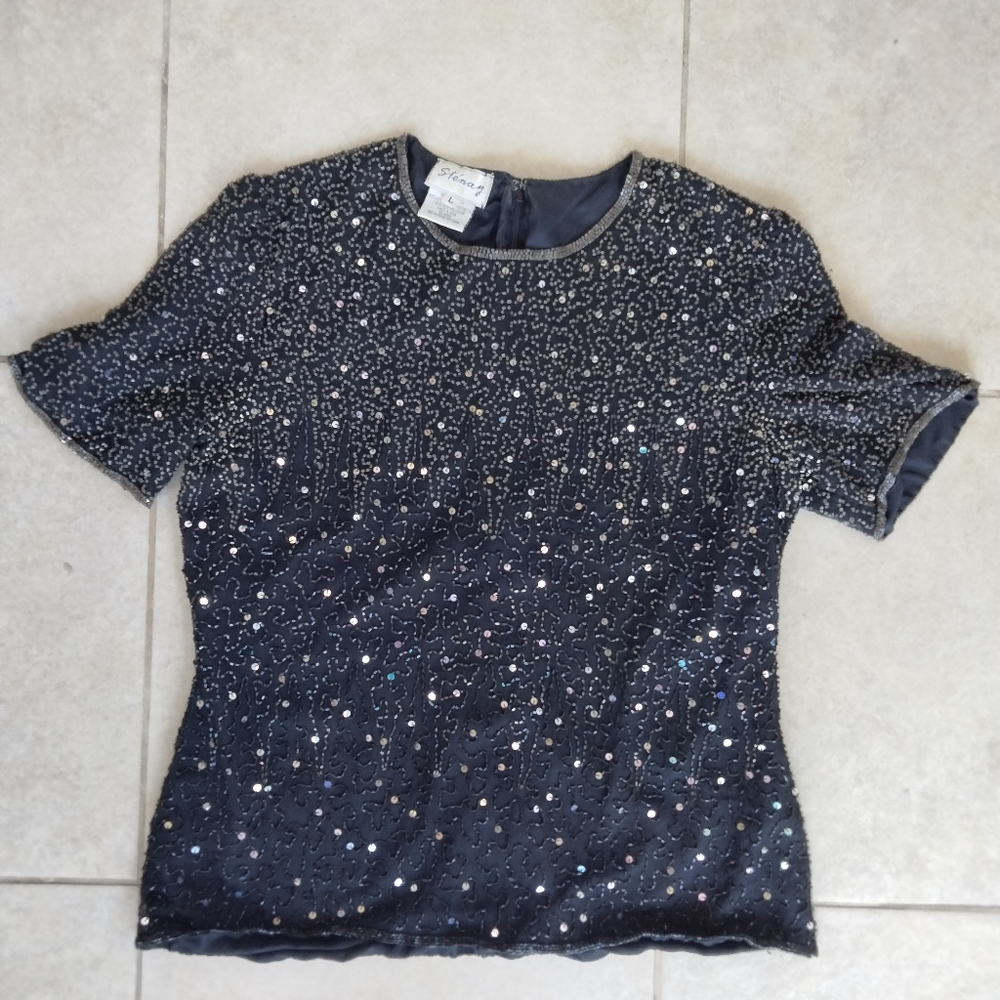 Stenay Vintage Black Silk Beaded Sequin Top Evening Blouse Women's Size L